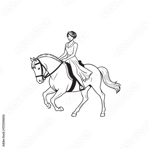 Black and white line art of a beautiful woman with perfect body riding horse elegant minimalist illustration