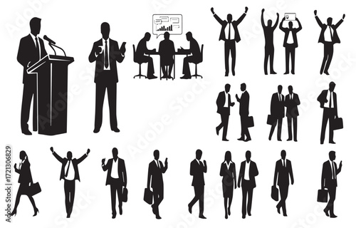 Business People Silhouettes Set | Various Office Activities and Meeting Poses for Corporate Presentations and Web Design