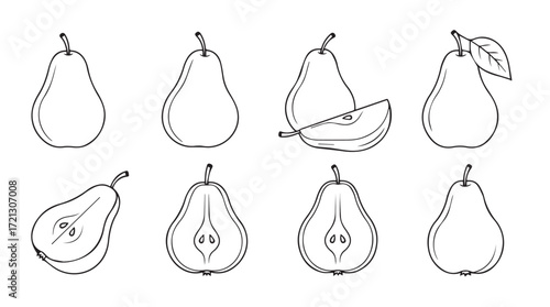Hand drawn pear collection various angles and slices delicious fruit sketch set silhouette