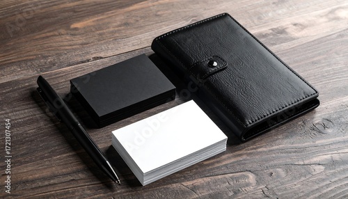 Black and white business cards, notebook, and pen on a wooden table