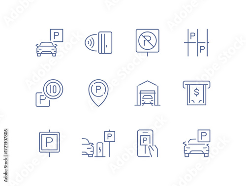 Set of parking related icons, parking garage, parking spaces, car park, paid, underground parking garage and linear variety vectors.