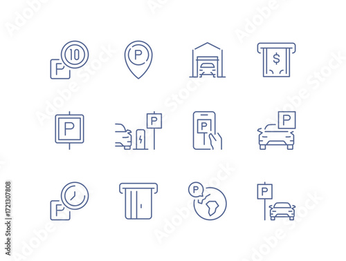 Set of parking related icons, parking garage, parking spaces, car park, paid, underground parking garage and linear variety vectors.