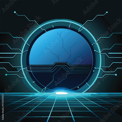 Futuristic Blue Neon Portal with Digital Grid Floor