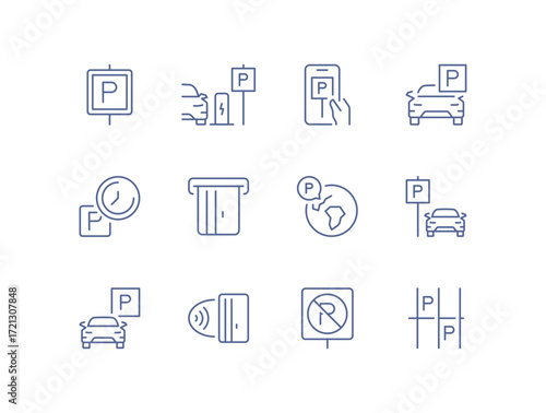 Set of parking related icons, parking garage, parking spaces, car park, paid, underground parking garage and linear variety vectors.