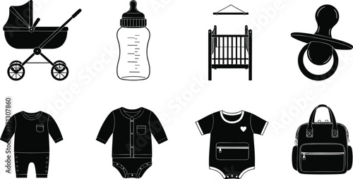 Baby care icons, stroller, bottle, crib, pacifier, onesie, romper, diaper bag, infant essentials, newborn clothing, childcare symbols, parenting design