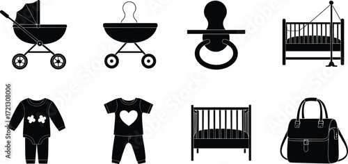 Baby care icons, stroller, carriage, pacifier, crib, onesie, baby outfit, diaper bag, infant essentials, childcare, parenting, newborn design symbols