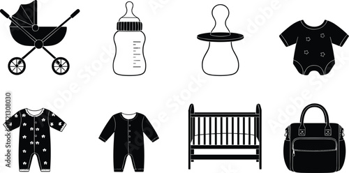 Baby care icons, stroller, bottle, pacifier, crib, onesie, sleeper, diaper bag, infant essentials, newborn clothing, childcare symbols, parenting design