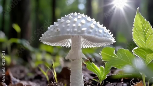 White mushroom with a warty cap growing from leaf litter in a sunlit forest.