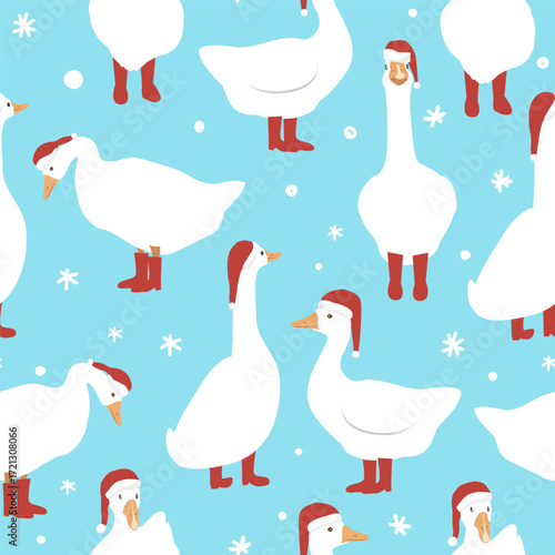 Seamless pattern with cute cartoon goose in Santa Claus hat and red boots. Merry Christmas background. Vector illustration.