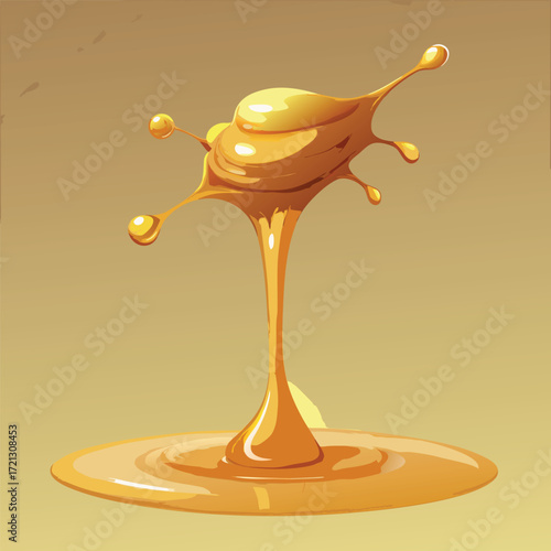 Golden honey splash with droplets and ripples liquid