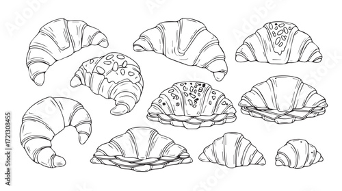 Hand-drawn croissant collection artistic sketch collection freshly baked pastry assortment silhouette
