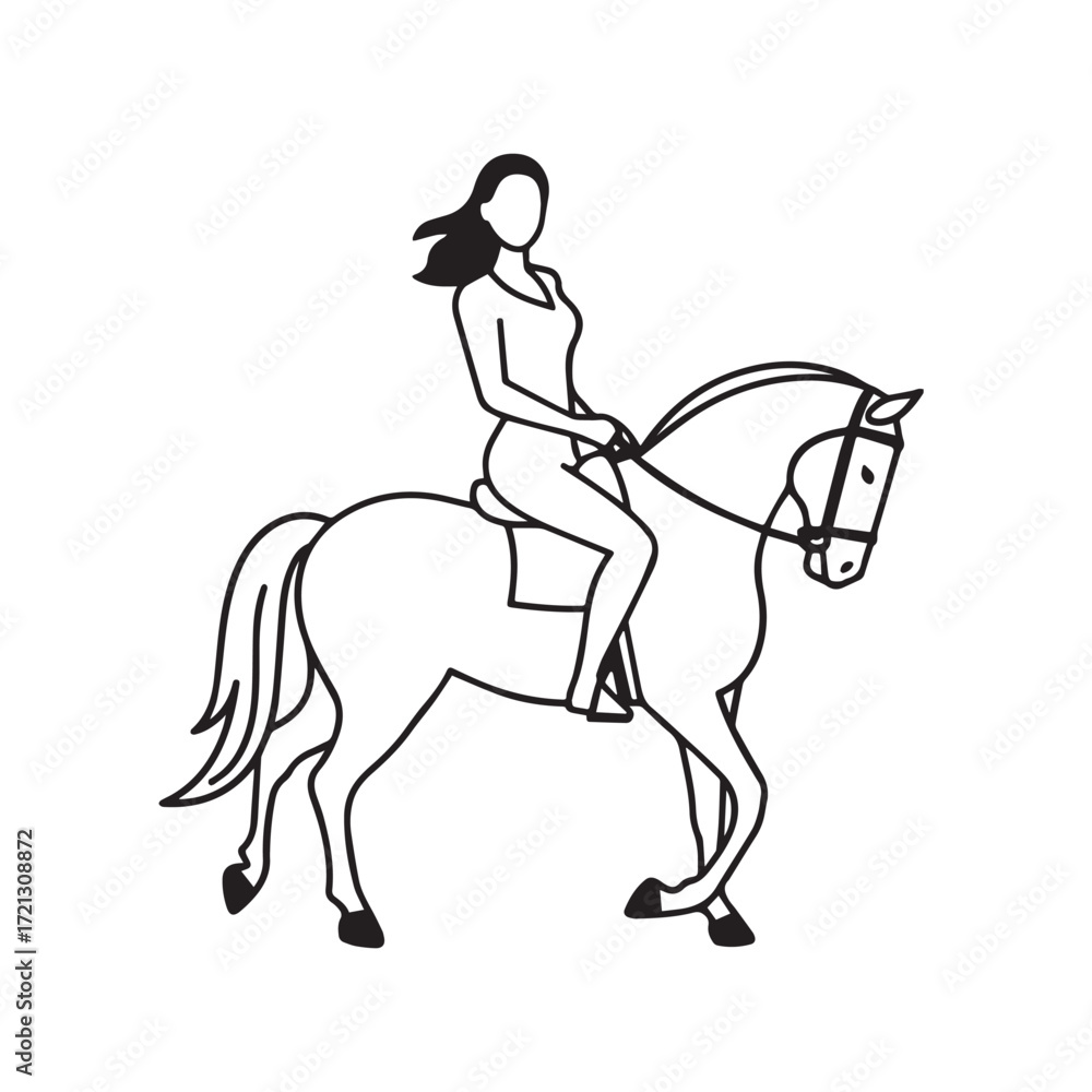 Obraz premium Black and white line art of a beautiful woman with perfect body riding horse elegant minimalist illustration