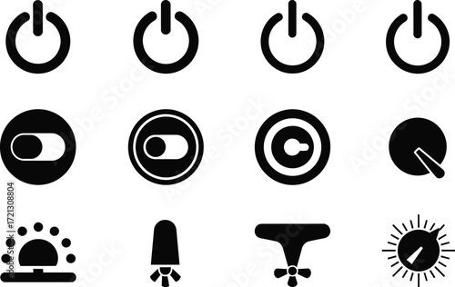 Power button icon set vector on off switch control light graphic