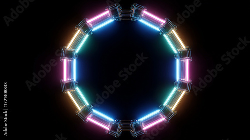 The image showcases an abstract design set against a stark, dark background. The focal point is a polygon structure created from cylindrical tubes