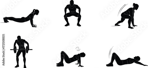 Fitness exercise icons, strength training, push-up, squat, lunge, barbell lift, glute bridge, leg raise, workout silhouette, gym routine symbols