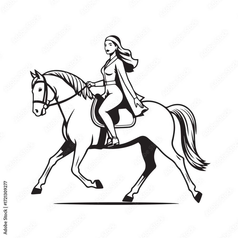 Obraz premium Black and white line art of a beautiful woman with perfect body riding horse elegant minimalist illustration