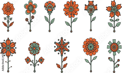 Whimsical Floral Arrangement: A charming collection of stylized floral illustrations, each bursting with unique character, arranged in a delightful pattern on display.