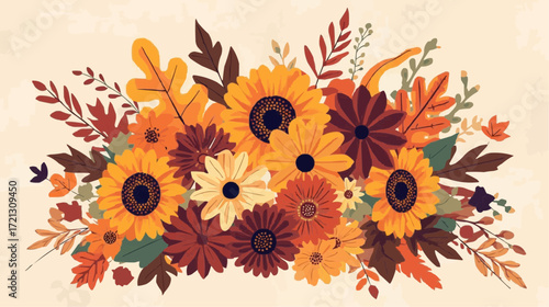 Colorful floral arrangement with sunflowers and autumn leaves  