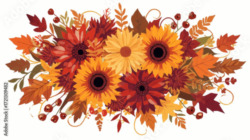 Autumn floral arrangement with sunflowers and colorful leaves  