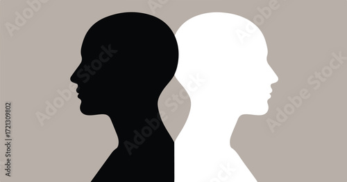 Black and White Human Head Silhouette Back to Back | Conflict, Psychology, Mental Health, Duality, Identity Concept for Psychology Articles and Mental Wellness Marketing