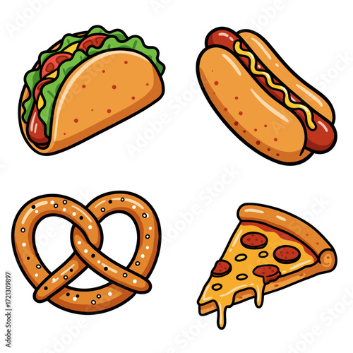 Collection of Street Food themed icons, including Taco, Hot Dog, Pretzel, Pizza Slice