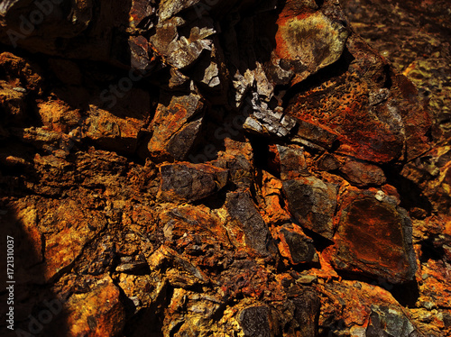 Autumn trend Burnt Wood. Burnt Wood color. Autumn style. Rock texture. Geodesy and geology. Burnt Wood tinted minerals.