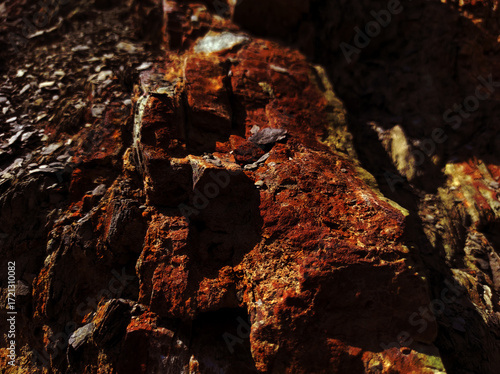 Autumn trend Burnt Wood. Burnt Wood color. Autumn style. Rock texture. Geodesy and geology. Burnt Wood tinted minerals.