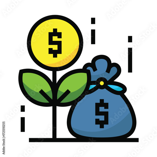 A plant with a dollar coin for a flower and a money bag