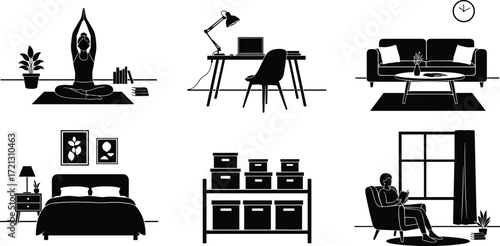 Home life icons, yoga, workspace, living room, bedroom, storage, reading, relaxation, productivity, cozy lifestyle, wellness, minimalist interior symbols