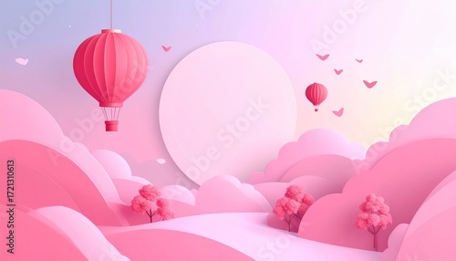 Colorful hot air balloons rise above pink clouds during the Mid Autumn Festival celebration in a serene landscape at dusk