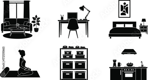 Home lifestyle icons, living room, workspace, bedroom, yoga, storage, kitchen, wellness, cozy interior, productivity, domestic life, design symbols