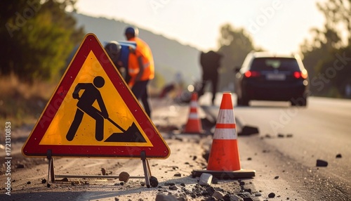 Road sign marking repair work on busy highway during late afternoon with cones and construction workers