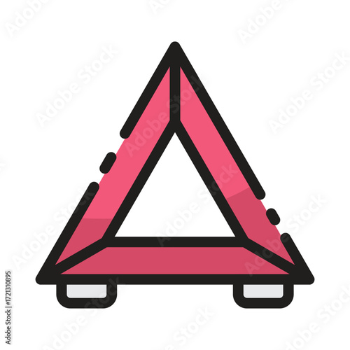 A pink triangular warning sign with two white feet