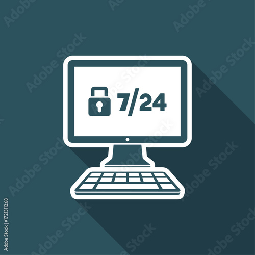 7/24 computer protection - Vector flat icon