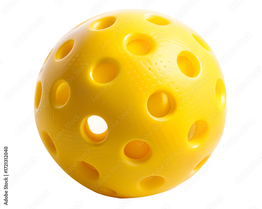 Fototapeta premium Yellow pickleball with holes isolated on white background ,PNG. AI Generated