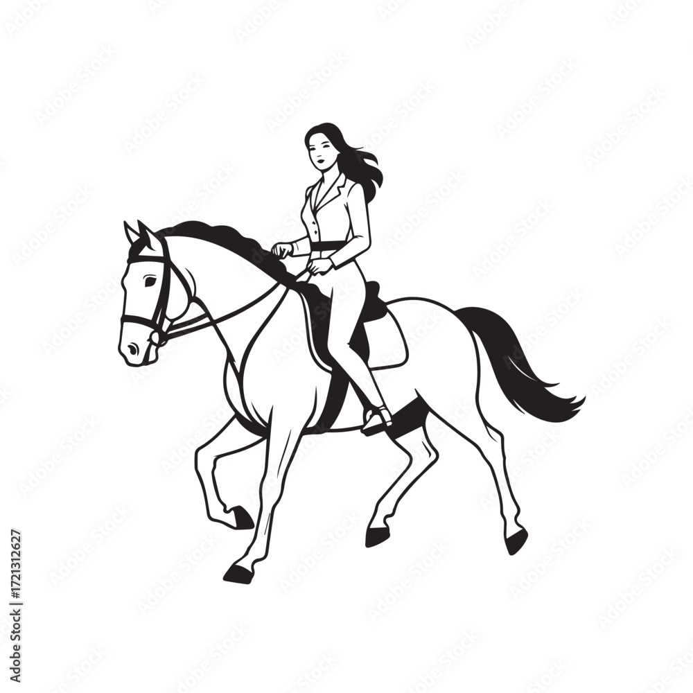 Fototapeta premium Black and white line art of a beautiful woman with perfect body riding horse elegant minimalist illustration