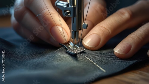 Close-up of hands operating a sewing machine