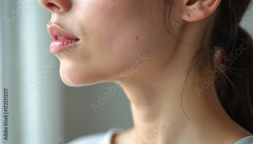 Close-up of female neck and jawline revealing slight swelling indicative of thyroid gland health concerns. Soft skin detail on a woman throat area, subtle condition, medical biology concept.