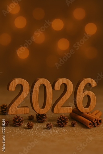 wooden rustic 2026 numbers with pinecones and cinnamon decorated on glowing orange bokeh background concept of cozy christmas craft and natural holiday design