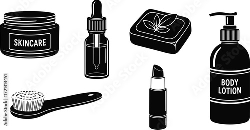 Skincare icons, personal care, moisturizer jar, dropper bottle, soap, body lotion, lipstick, brush, hygiene, beauty, cosmetic design symbols