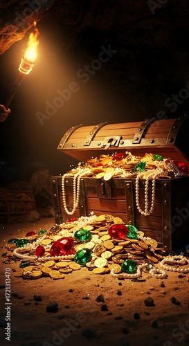Treasure Chest Overflowing with Gold Jewels and Pearls in Dark Cave.