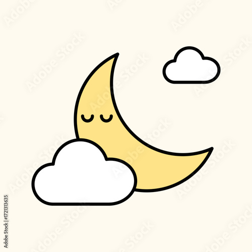 Cute crescent moon and clouds illustration for sleep and nighttime
