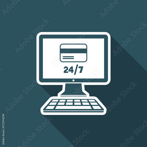 Online banking services 24/7 - Credit card - Vector flat icon