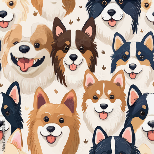 Pola seamless anjing lucu bergaya flat vector cartoon dengan berbagai jenis ras. Ilustrasi warna-warni ini cocok digunakan untuk desain kain, wallpaper, wrapping paper