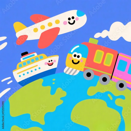 Cartoon Cute Global Travel Vector with Cute Airplane,Train and Ship