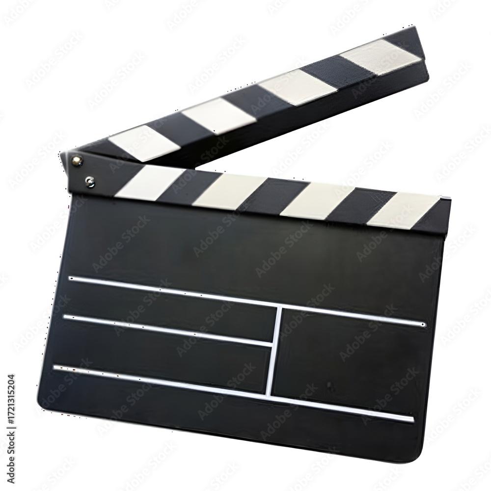 Fototapeta premium Classic movie clapperboard for film production, professional black cinema slate with open clapper, video industry equipment for scene marking isolated on White Background