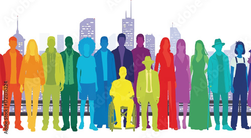 Diverse Group of People Silhouette with Rainbow Colors Against City Skyline | Inclusive Workforce for Corporate Diversity and Inclusion Campaigns