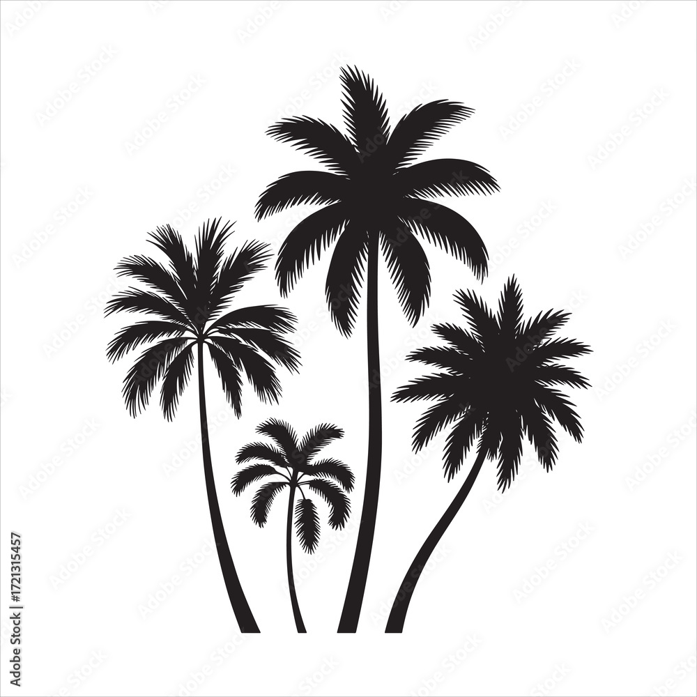 Fototapeta premium Silhouette of four palm trees against a light gray background