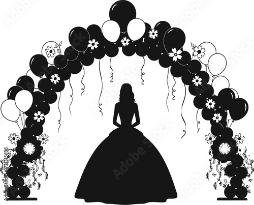 Sweet sixteen birthday party balloon arch and girl silhouette