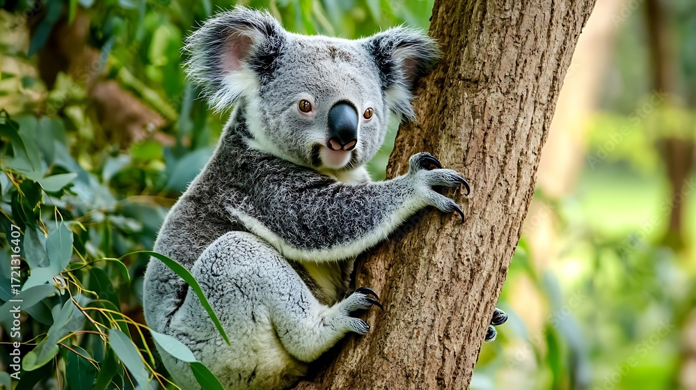 Obraz premium Koala on a tree with bush green background